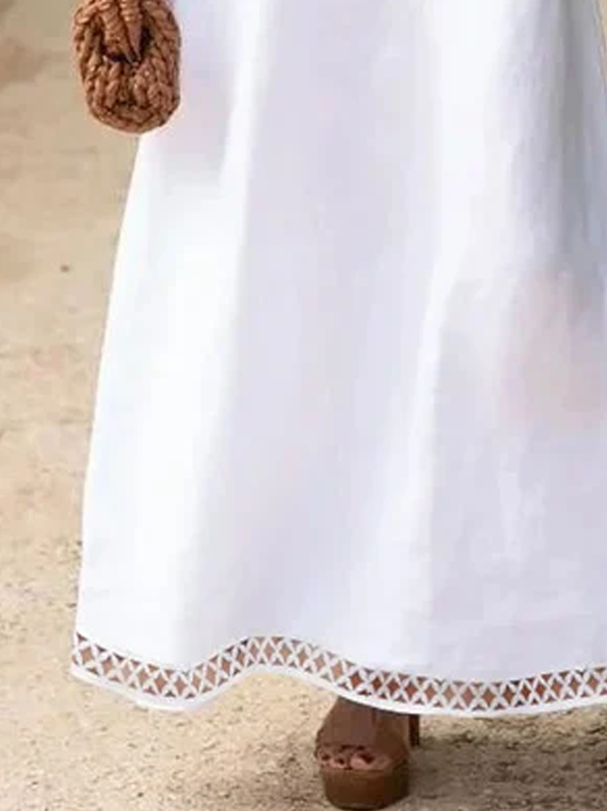 Women's Cotton Linen V Neck Lace Cutout Vacation Dress