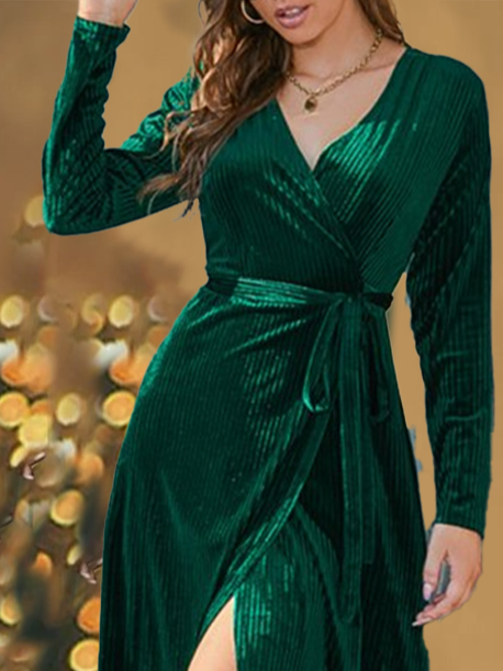 Emerald green velvet wrap formal evening dress