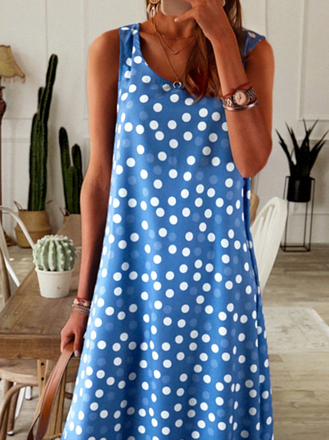 Round Neck Women Summer Weaving Dress Printed Polka Dots Midi Weaving Dress