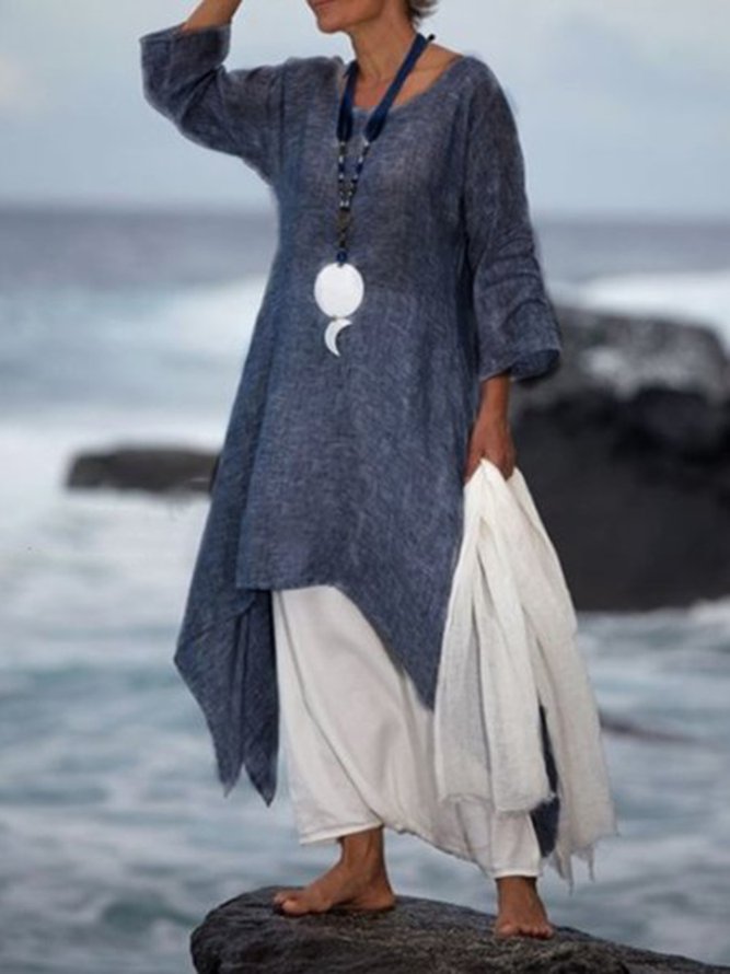 Women Summer Linen 3/4 Sleeve Daytime Crew Neck Asymmetric Dress