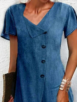Asymmetrical Neck Buttoned Casual Plain Dress
