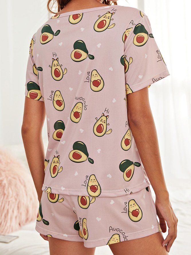Cute Cartoon Avocado Short Sleeve Shorts Comfortable Casual Pajamas Set