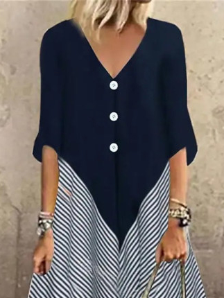 Loose Vintage Striped Print V-Neck Half-Sleeve Maxi Dress