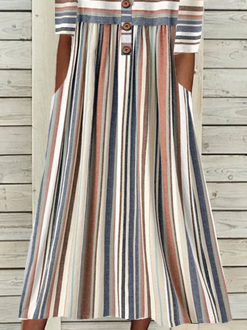 V Neck Stripe Geometric Casual Midi Dress