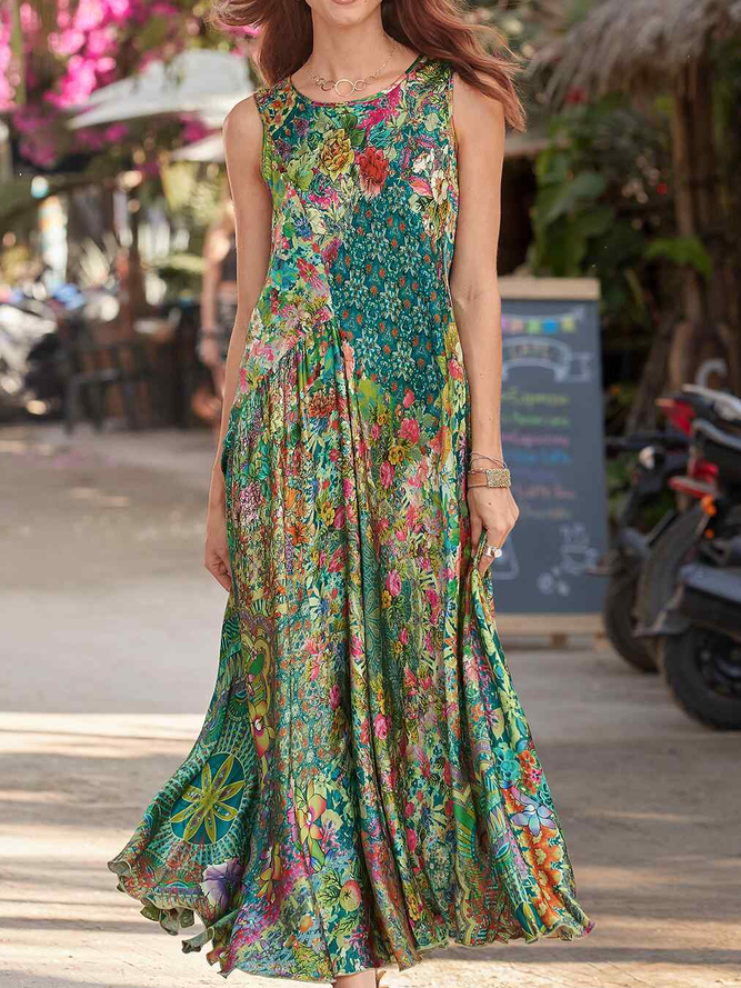 Casual Loose Floral Crew Neck Dress