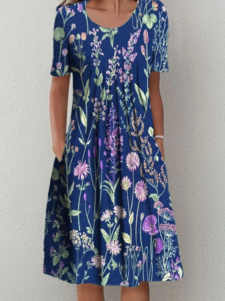 Crew Neck Casual Floral Loose Dress