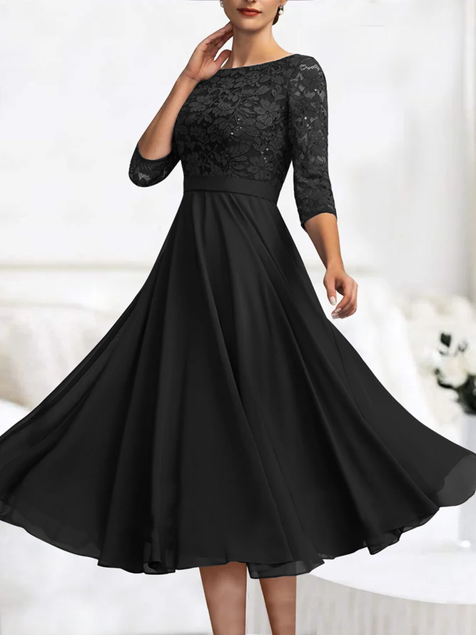 Wedding party Lace Chiffon zip seven Sleeve midi Prom Dress