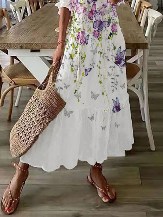 V Neck Boho Floral Butterfly Tiered Dress