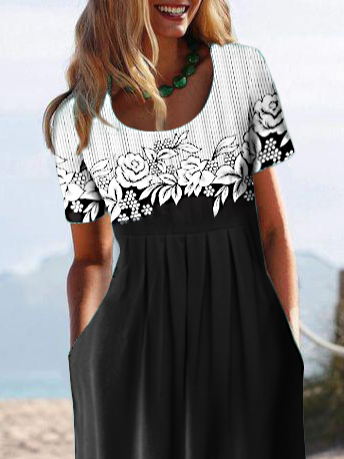 Round Neck Floral Casual Midi Prom Dress