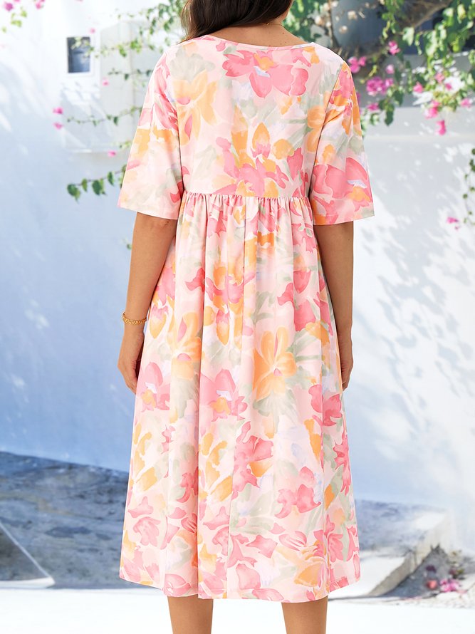 Loose Floral Crew Neck Casual Dress