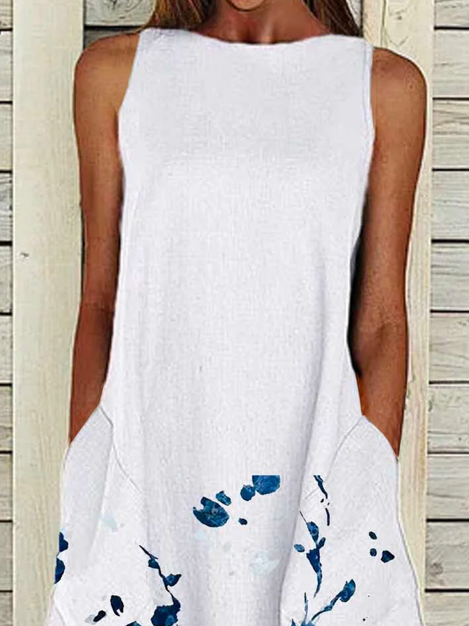 White Cotton Round Neck Patchwork Casual Weaving Dress