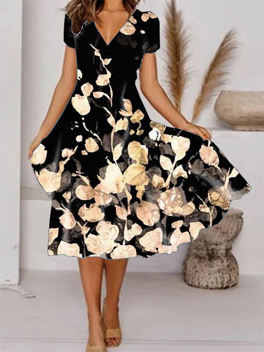 V Neck Floral Vacation Midi Prom Dress