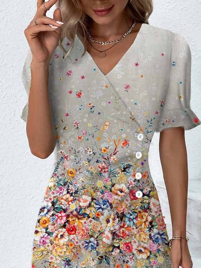 Buckle V Neck Casual Floral Dress