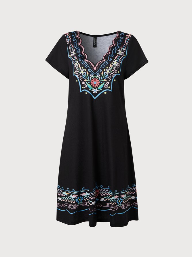 V Neck Tribal Black Vacation Casual Mini Dress