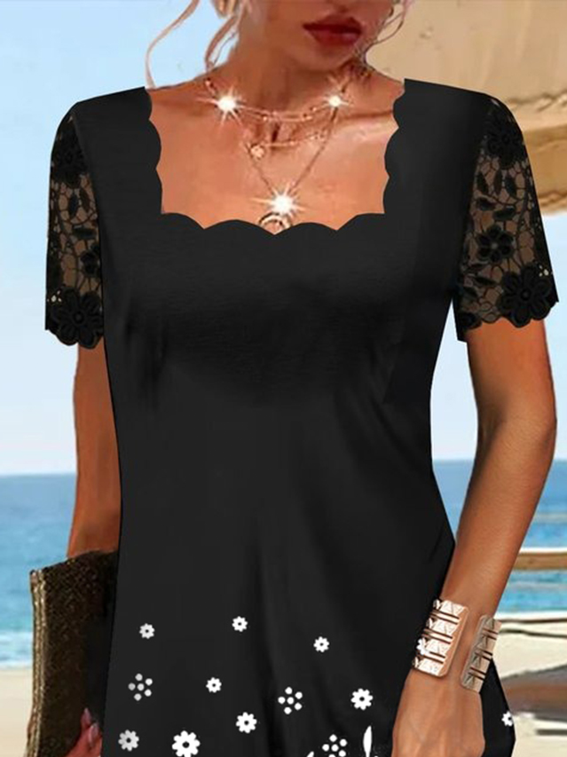 Lace Floral Casual Square Neck Dress