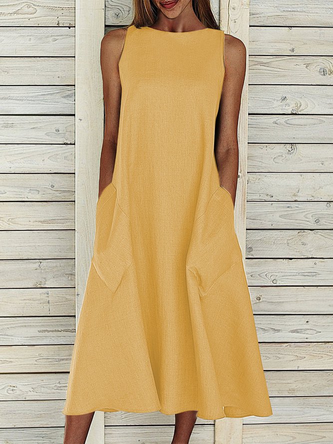 Round Neck Pockets Plain Casual Midi Dress