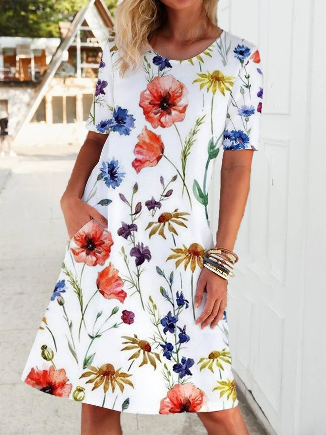 Tropical Floral Print Vacation Beach Midi Hawaiian Dress Regular Fit Round Neck Knee-length dress