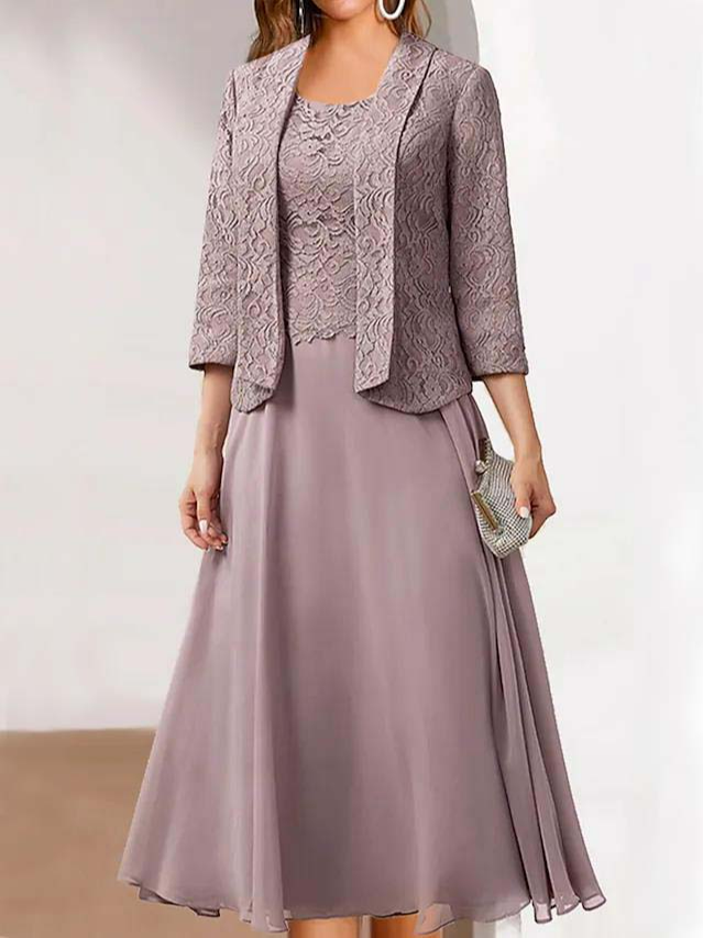 Women's Dress Set Two Piece Dress Midi Dress Dusty Pink 3/4 Length Sleeve Embroidery Embroidered Layered Ruched Fall Winter Crew Neck Modern Mature