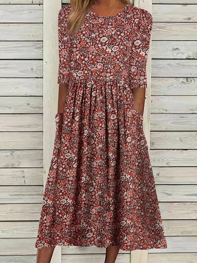 Casual Ditsy Floral Knitted Crew Neck Dress