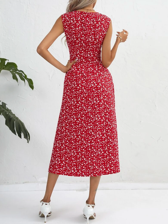 Crew Neck Loose Floral Elegant Ditsy Floral Print Sleeveless Dress