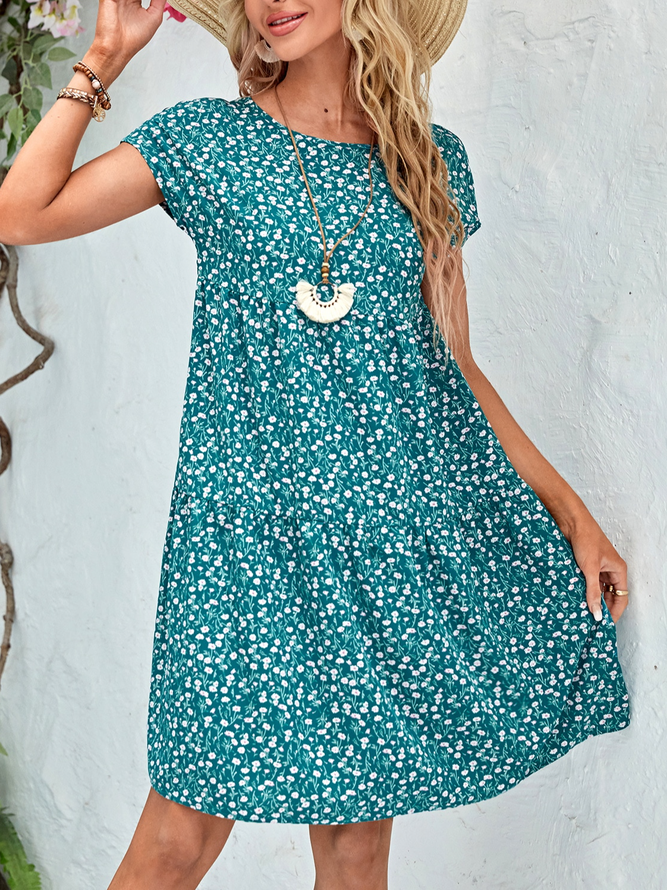 Ditsy Floral Casual Loose Crew Neck Dress