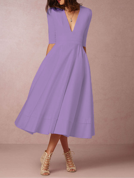 Women Deep V Neck 3/4 Sleeve Paneled Solid Elegant Swing Prom Dress