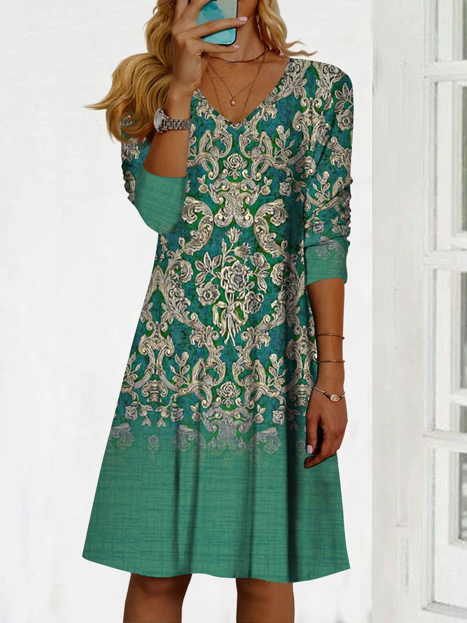 V Neck Casual Ombre Tribal Autumn Natural Loose Dress