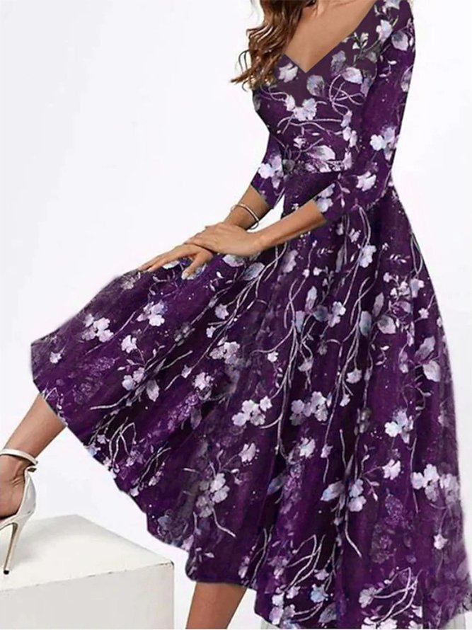 Women's Swing Dress Floral Dress Midi Dress 3/4 Length Sleeve Floral Print V Neck Dress