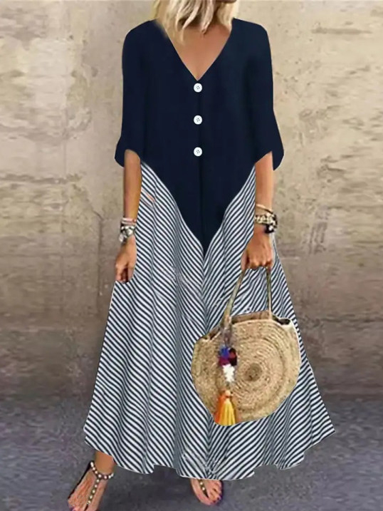 Loose Vintage Striped Print V-Neck Half-Sleeve Maxi Dress