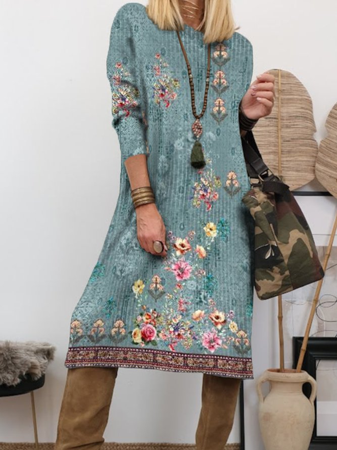 Floral Crew Neck Regular Fit Casual Dress