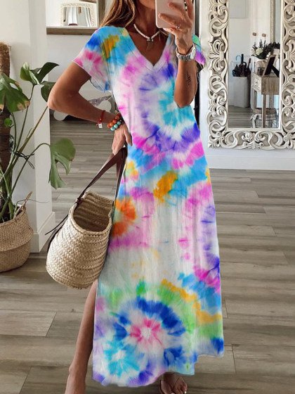 V Neck Short Sleeve Ombre/tie-Dye Dresses