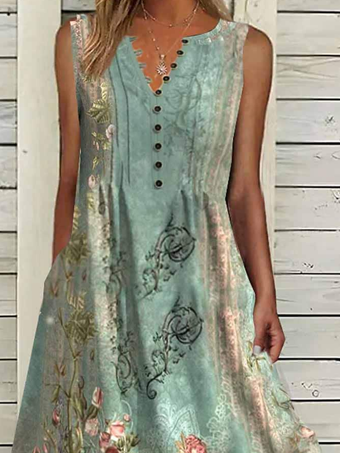 Ethnic Buttoned Boho Half Open Collar Dress