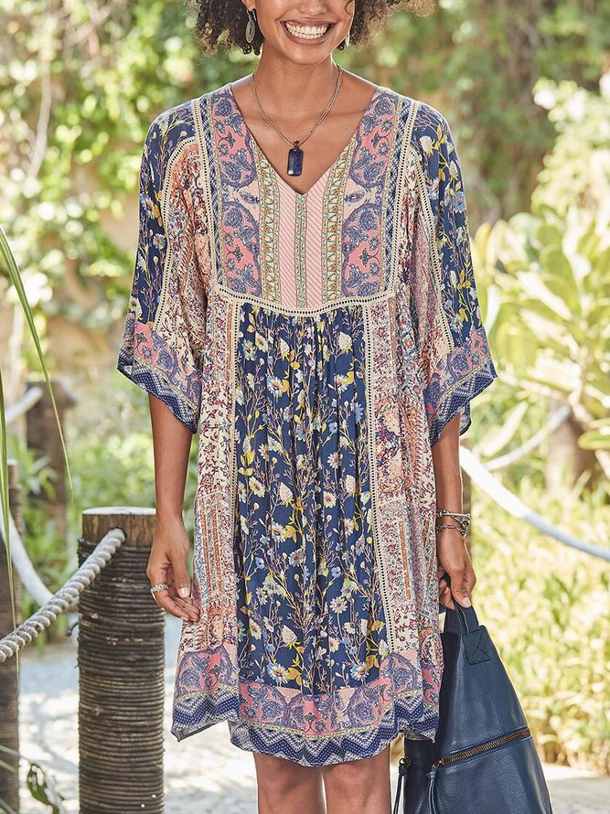 Half Sleeve Casual Cotton-Blend V Neck Weaving Dress