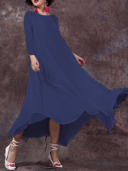 Crew Neck Women Casual Daytime Big Hem Dress Weaving Dress