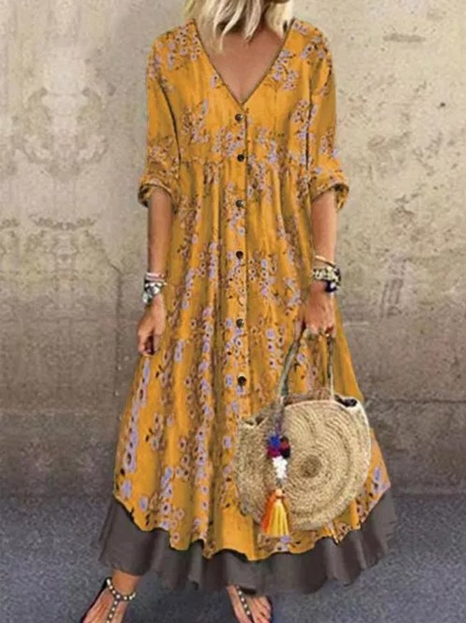 Shift Casual 3/4 Sleeve V Neck Dress