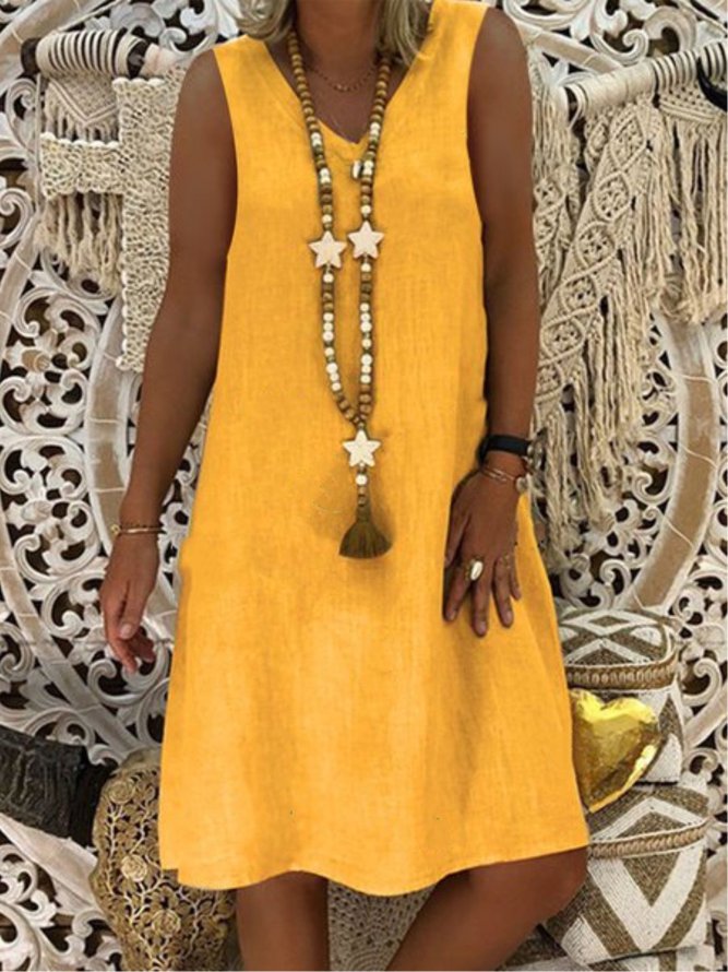 Casual Plain V-neck Sleeveless Dress
