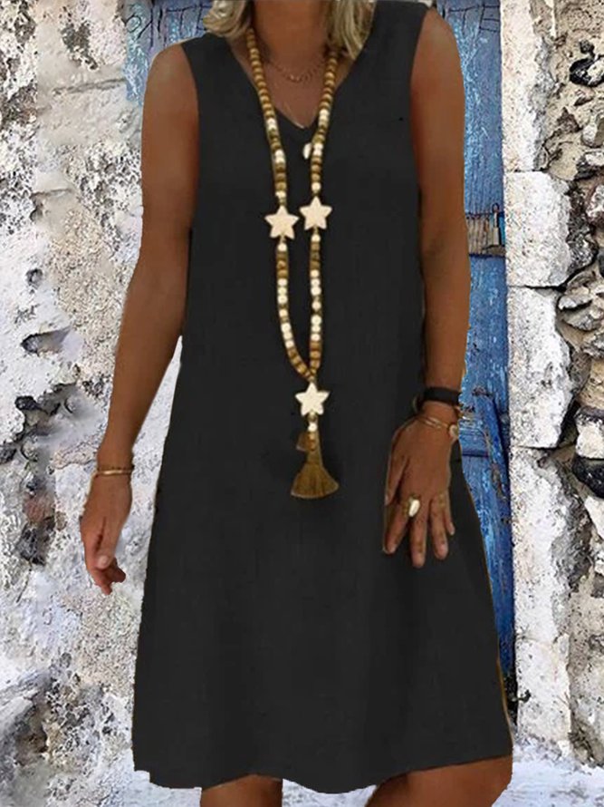 Casual Plain V-neck Sleeveless Dress