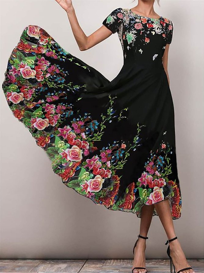 Regular Fit Floral Crew Neck Boho Dress
