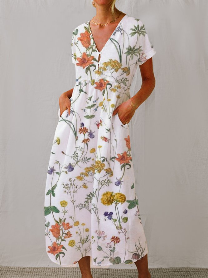 Casual Floral V Neck Loose Dress
