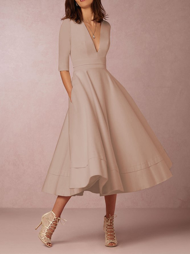 Women Deep V Neck 3/4 Sleeve Paneled Solid Elegant Swing Prom Dress
