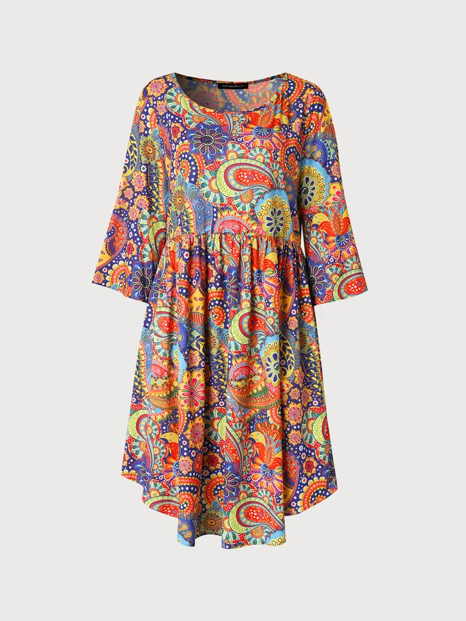 Women's Smock Dress Paisley Midi Dress Round Neck Flare Sleeve Casual Midi Smock Dress