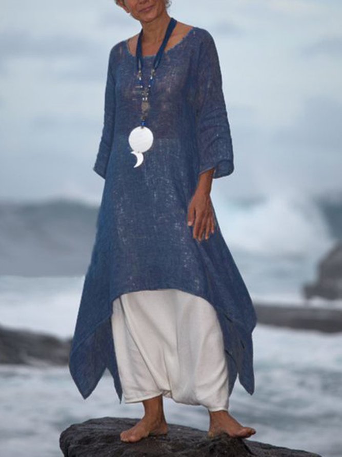 Women Summer Linen 3/4 Sleeve Daytime Crew Neck Asymmetric Dress