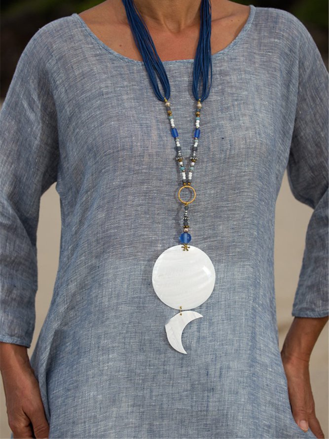 Women Summer Linen 3/4 Sleeve Daytime Crew Neck Asymmetric Dress