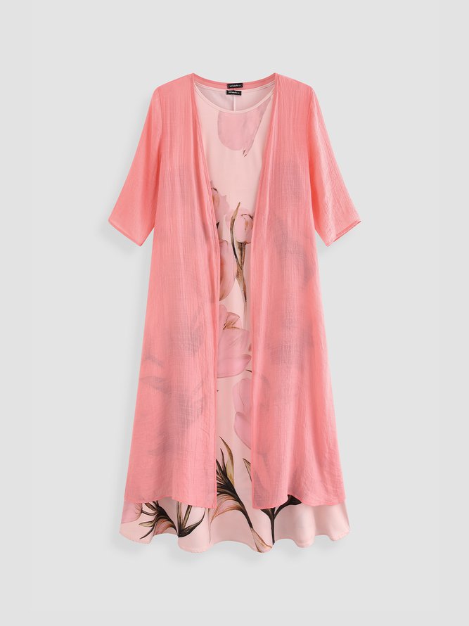 Crew Neck Floral Tulip Casual Two-piece Set Dress with Cardigan