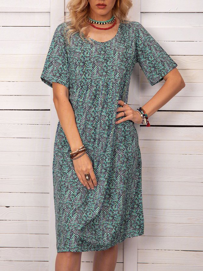 Women Fashion Summer Printed Midi Dress Crew Neck Dresses