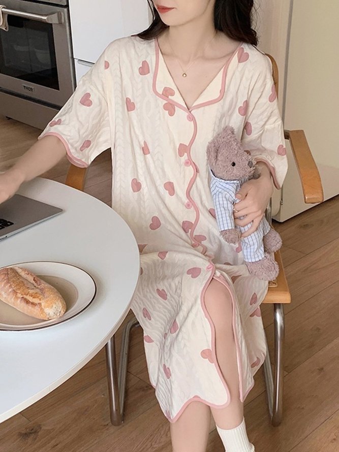 Breathable Comfortable Heart Print Texture Fabric V Neck Lapel Loose Nightdress