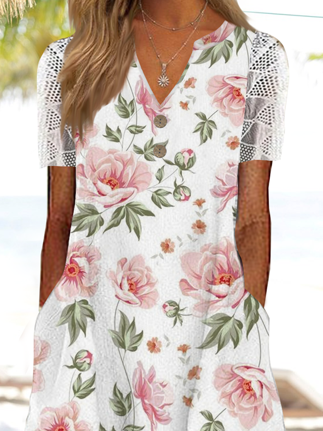 Loose Vacation Floral V Neck Dress