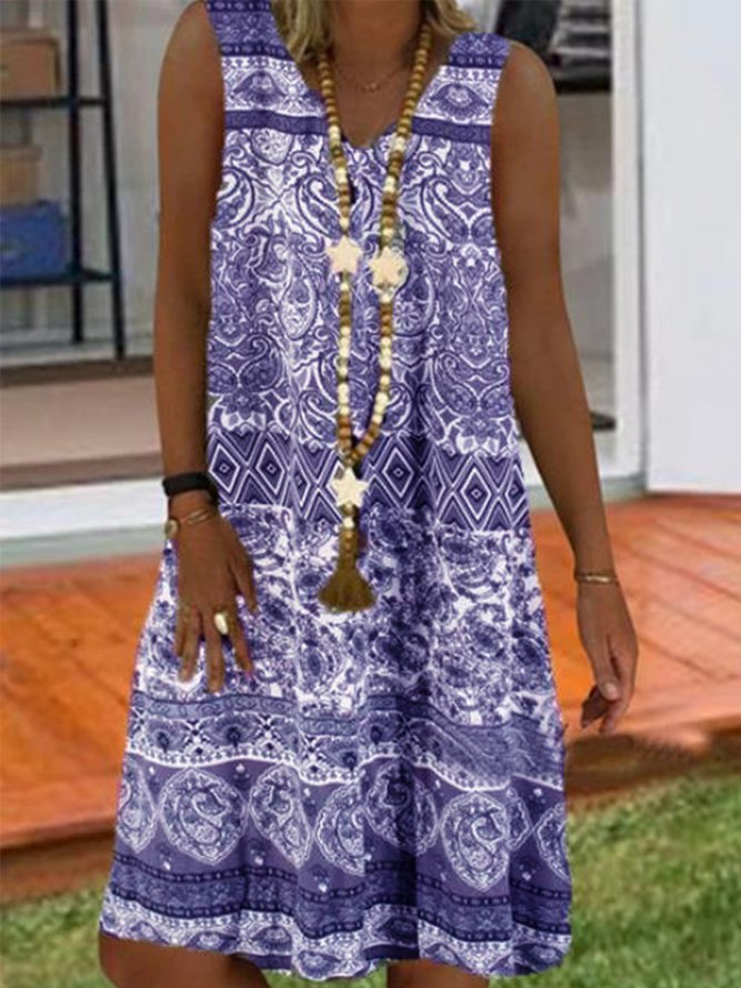 Casual Sleeveless V Neck Printed Weaving Dress