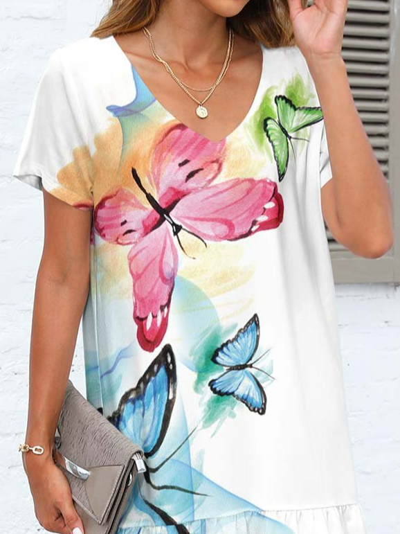 Butterfly Loose Casual V Neck Dress