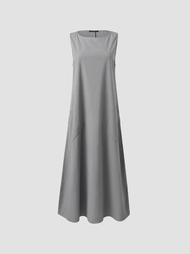 Round Neck Pockets Plain Casual Midi Dress